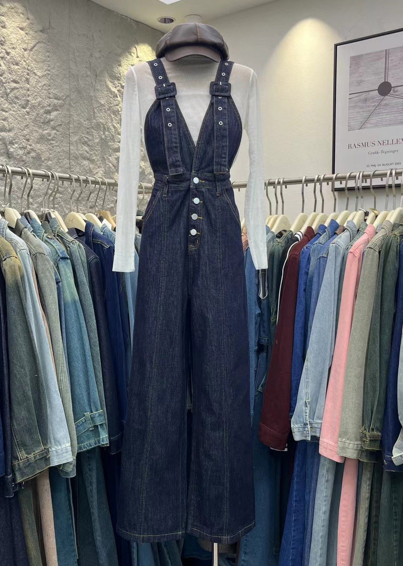Navy Pockets Patchwork Denim Jumpsuits Spring