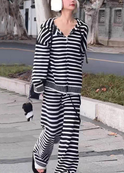 Striped Black Hooded Zippered Knit Two Pieces Set Fall