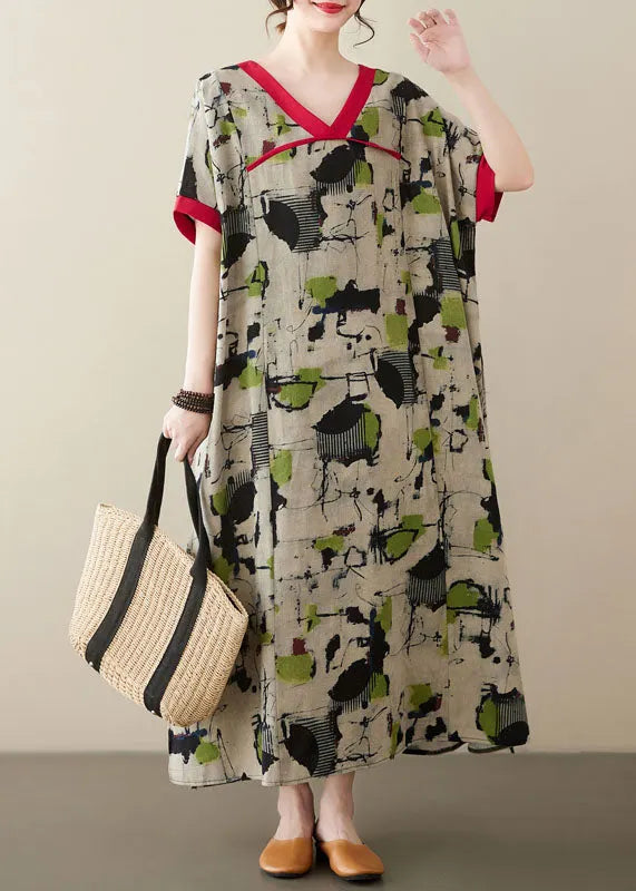 Green V Neck Print Patchwork Linen Long Dresses Summer