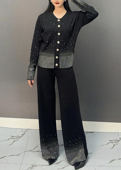 Classy Black V Neck Dot Print Knit Top and Wide Leg Pants Two Pieces Set Winter