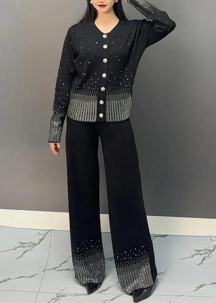 Classy Black V Neck Dot Print Knit Top and Wide Leg Pants Two Pieces Set Winter