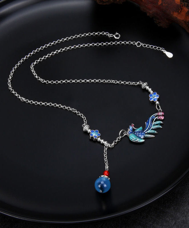 Blue Sterling Silver Tassel Cloisonne Enamel Phoenix Pendant Necklace