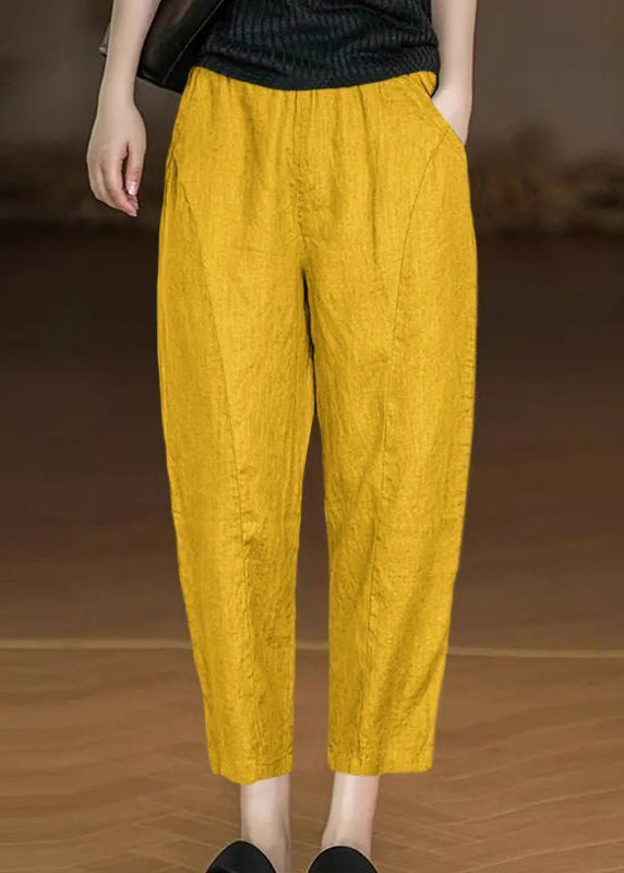 Yellow Pockets Elastic Waist Cotton Crop Pants Summer