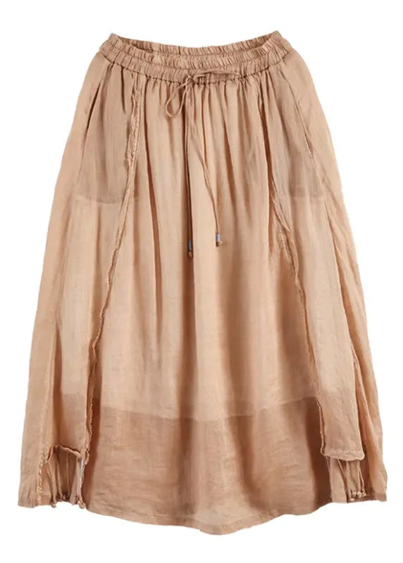 Khaki Patchwork Elastic Waist Ramie a Line Skirts Summer