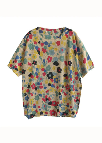 Red Print Patchwork Cotton T Shirt Top O Neck Summer