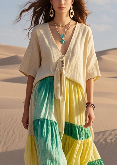 Light Camel Patchwork Cotton Holdiay Dress Summer
