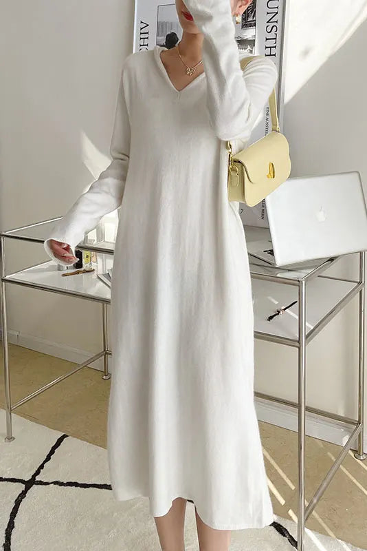 Wool Knit Hoodie Color Long Sleeve Dress