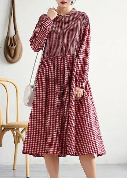 Red Plaid Cotton Linen Clothes O Neck Patchwork Cotton Dresses