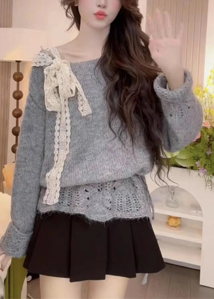 Yellow Hollow Out Bow Knit Sweaters Fall