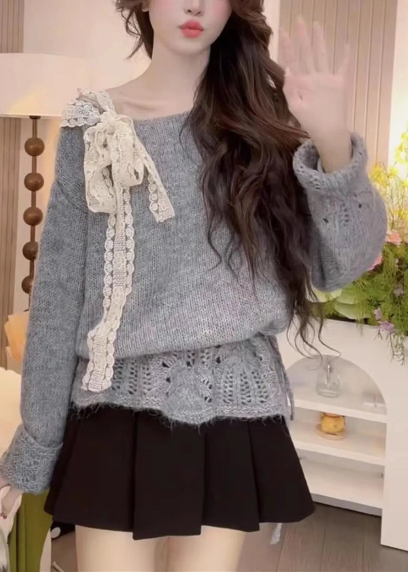 Yellow Hollow Out Bow Knit Sweaters Fall