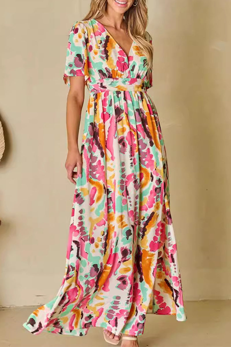 Print Color Block Backless Contrast V Neck a Line Dresses