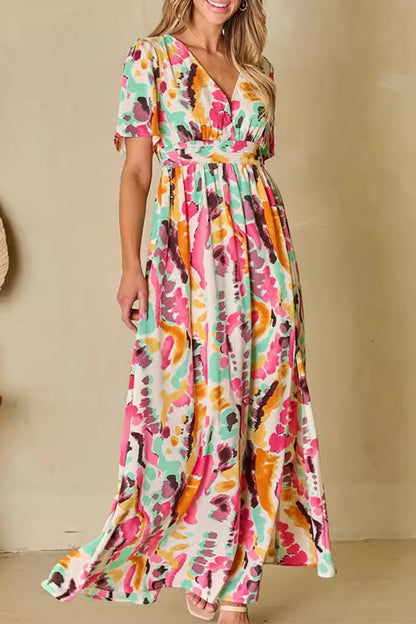 Print Color Block Backless Contrast V Neck a Line Dresses