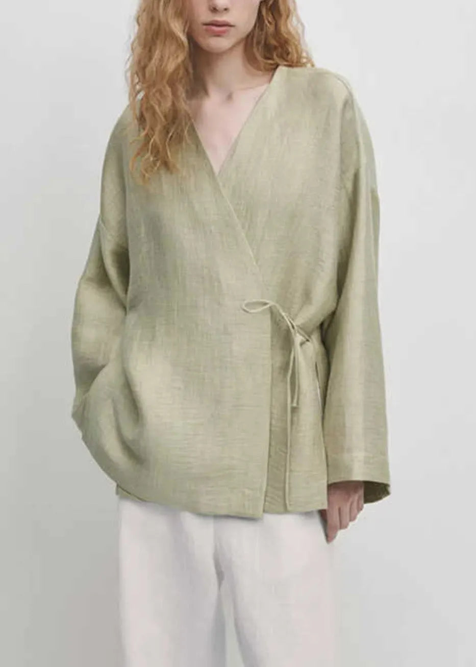 Green V Neck Lace Up Cotton Shirt Tops Fall