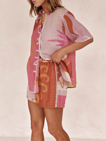 Loose Printed Bright Sun Vacation Shirt Shorts Set