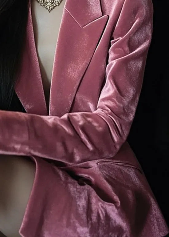 French Pink Notched Pockets Velvet Suit Coat Fall