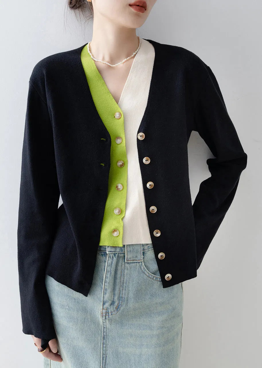 Italian Black V Neck Patchwork False Two Pieces Knit Cardigan Spring