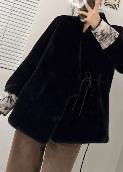 Style Black V Neck Tie Waist Patchwork Leather and Fur Coats Winter
