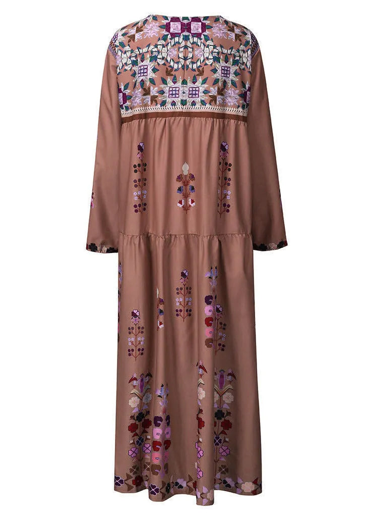 Blue V Neck Print Patchwork Cotton Long Dresses Spring