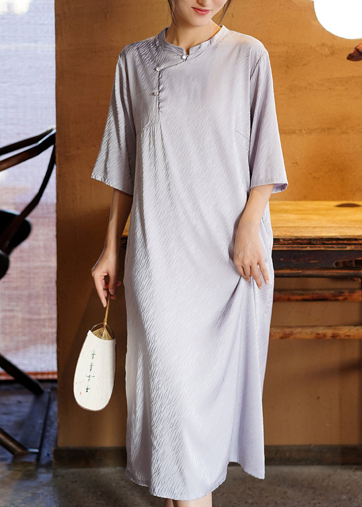 Boutique Beige Stand Collar Cotton Long Dresses Bracelet Sleeve
