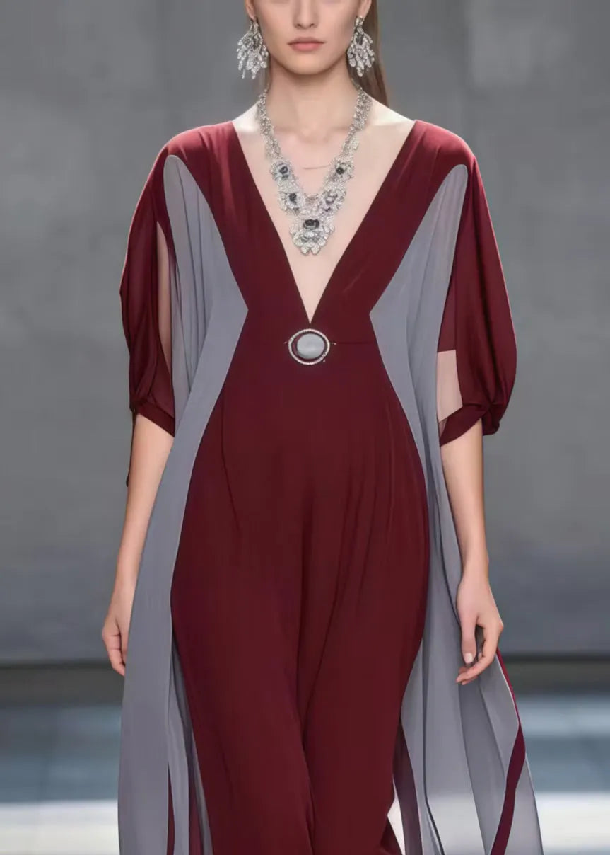 Simple Mulberry V Neck Patchwork Chiffon Holiday Dress Summer