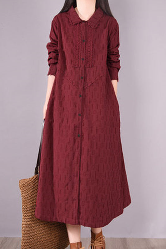 -loose Embroidery Lace Dress Cotton and Linen Long Sleeve Dress