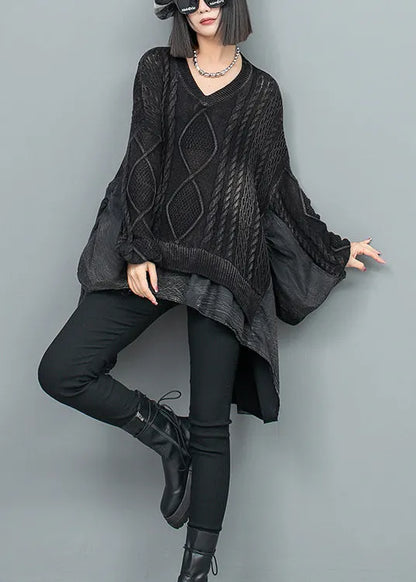 Black V Neck Patchwork Knit Sweater Batwing Sleeve