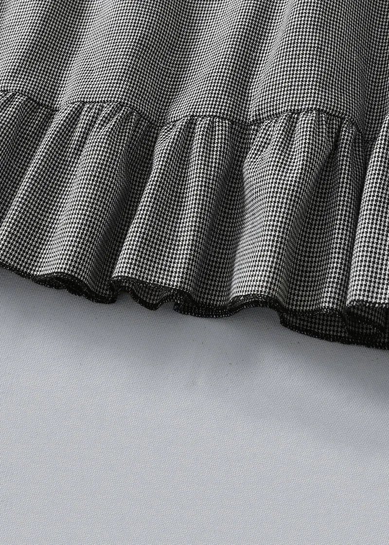 French Plaid Ruffled Pockets Cotton Dress Spring