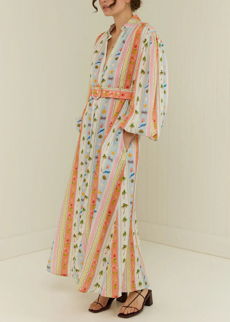 Peter Pan Collar Print Sashes Cotton Dress Long Sleeve