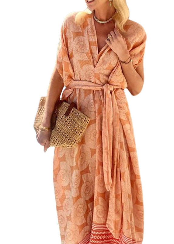 Orange V Neck Print Lace Up Cotton Dress Summer