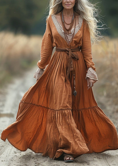 Pastoral Style V-neck Lace Patchwork Long Dress Spring