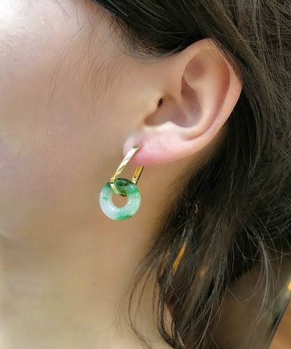Green Sterling Silver Overgild Jade Hoop Earrings