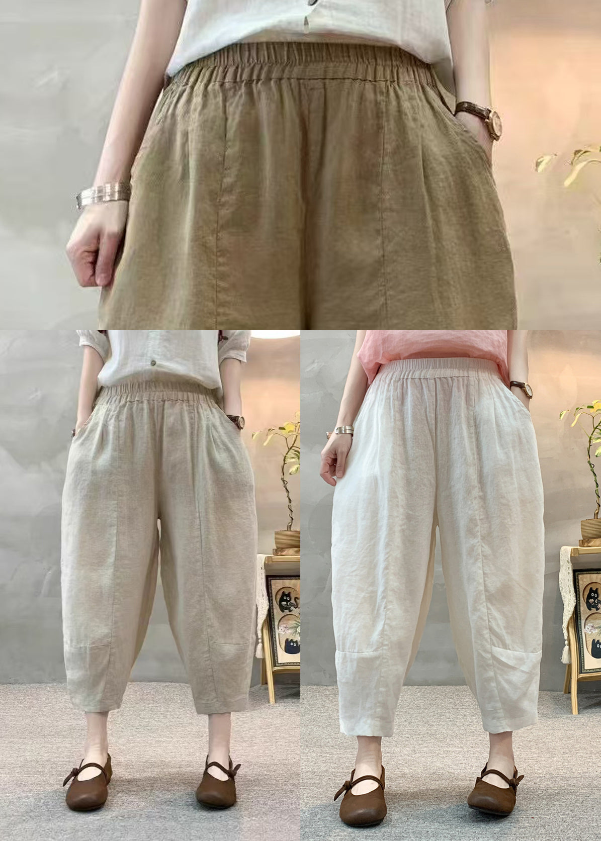 Unique Apricot Oversized Linen Crop Pants Summer