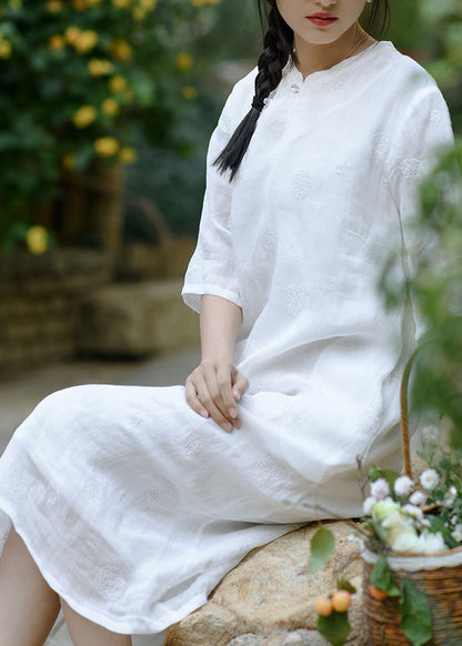 Original Design White Embroideried Linen Long Dresses Summer