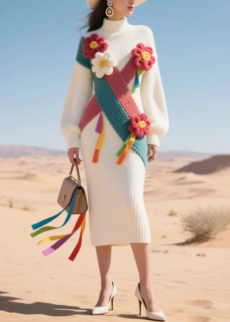 White High Neck Patchwork Flower Knit Sweater Dress Winter