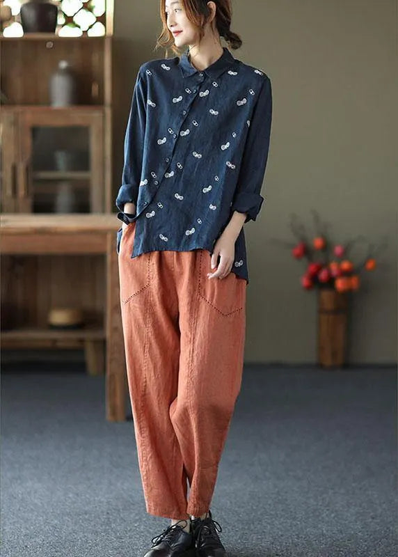 Khaki Peter Pan Collar Button Fall Asymmetrical Design Top Long Sleeve