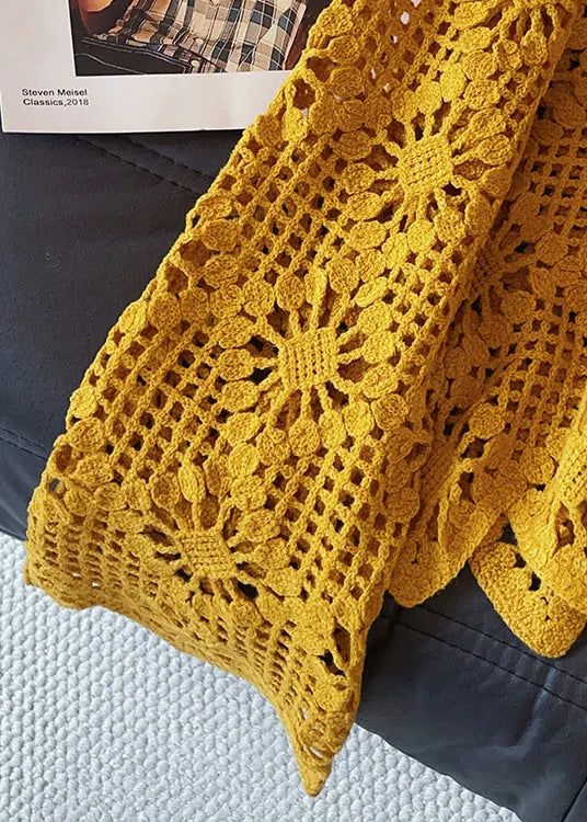 Art Yellow Hollow Out Cozy Knit Sweater Flare Sleeve