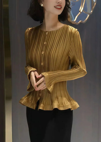 Yellow Striped Cotton Shirt O Neck Flare Sleeve