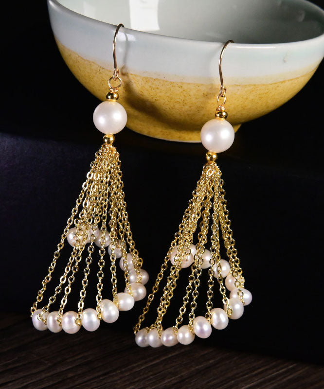 Oversize 14k Gold Pearl Tassel Drop Earrings