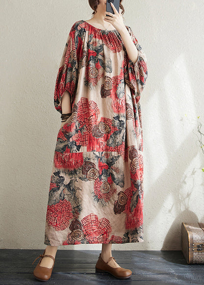 Red O Neck Print Cotton Long Dress Puff Sleeve