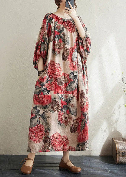 Red O Neck Print Cotton Long Dress Puff Sleeve