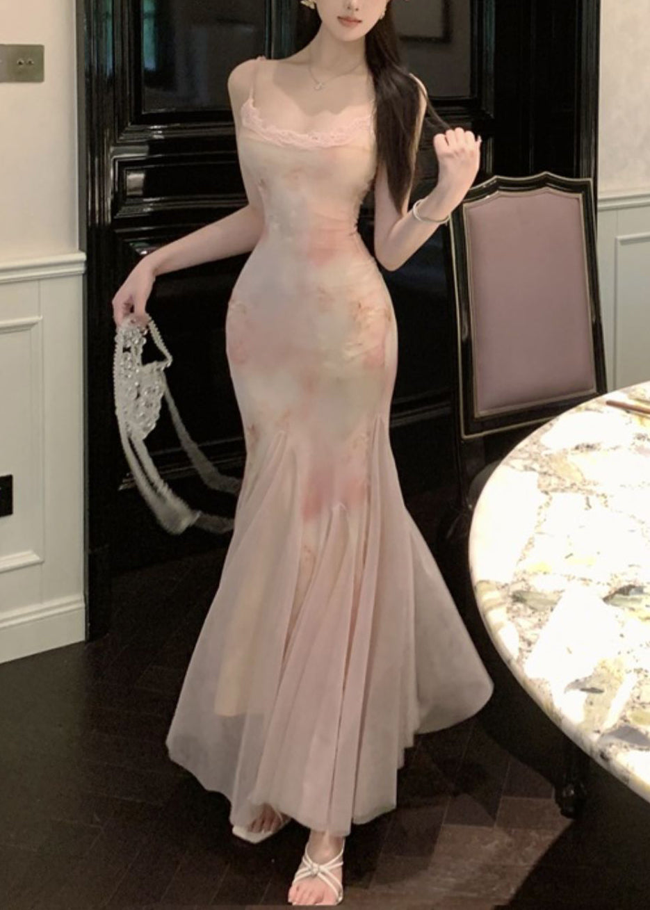 Slim Fit Pink Lace High Waist Tulle Spaghetti Strap Dress Sleeveless