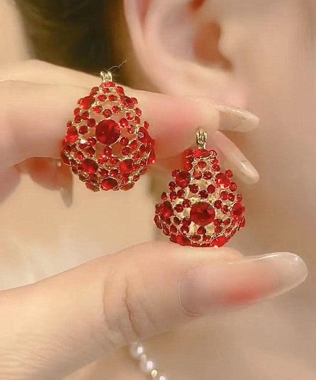 Red Copper Overgild Inlaid Zircon Hollow Out Water Dropstud Earrings