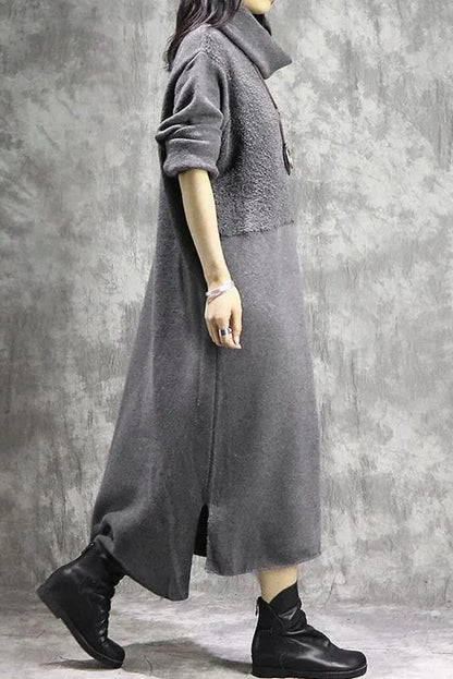 Loose High Neck Cotton Linen Maxi Dresses for