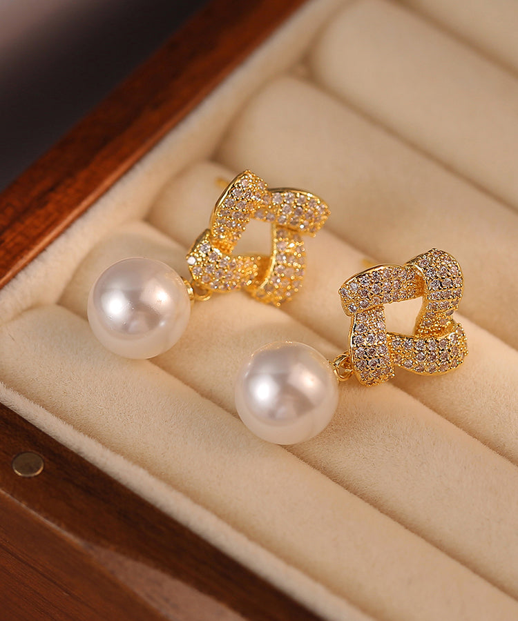 Gold Sterling Silver Alloy Zircon Pearl Square Drop Earrings