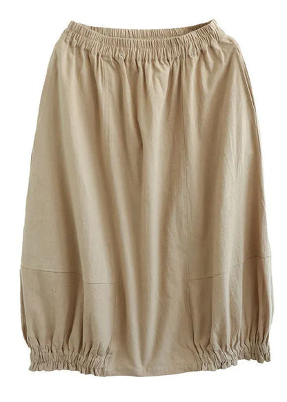 Simple Khaki Wrinkled Pockets Elastic Waist Patchwork Cotton Skirts Spring