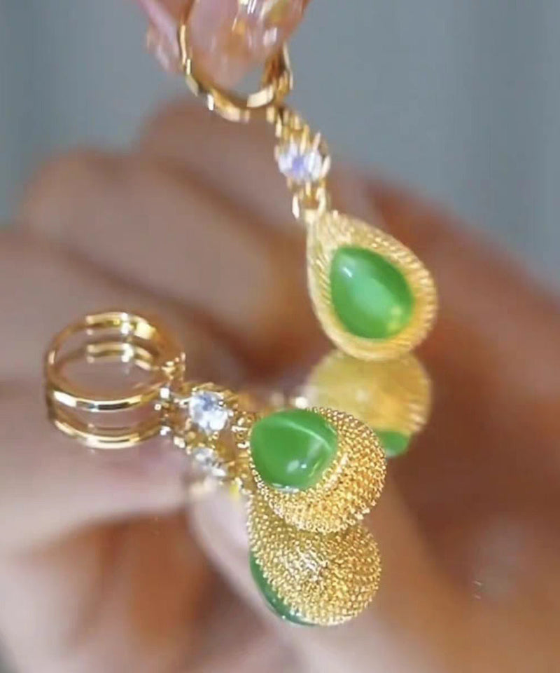 New Green Sterling Silver Overgild Zircon Jade Durian Drop Earrings