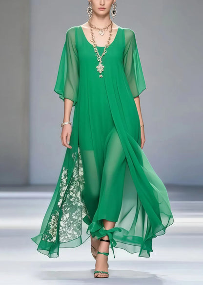 Fitted Tea Green Oversized Draping Chiffon Dress Summer