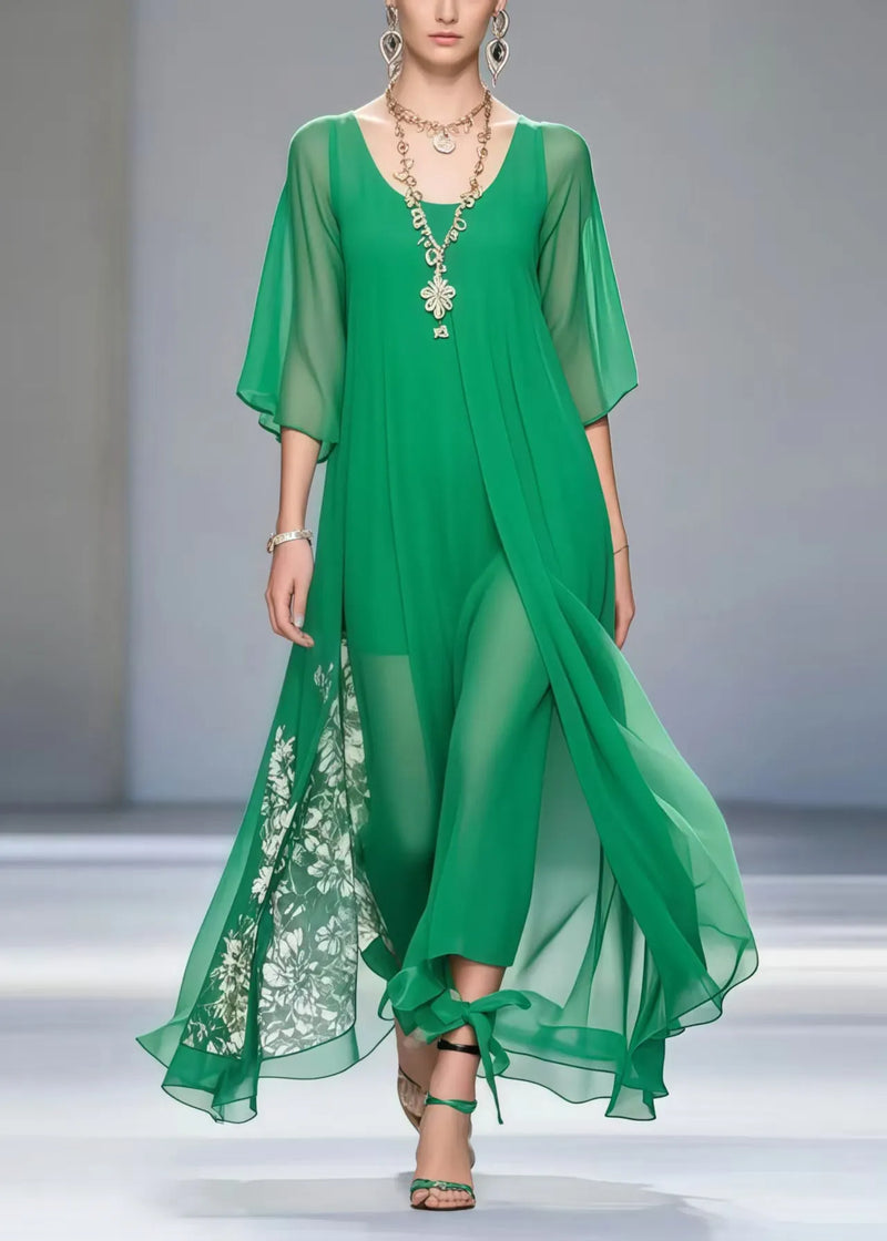 Fitted Tea Green Oversized Draping Chiffon Dress Summer