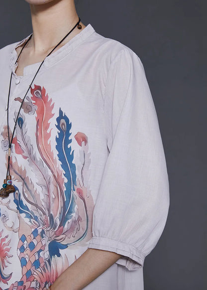Art Beige Phoenix Print Linen Blouses Bracelet Sleeve