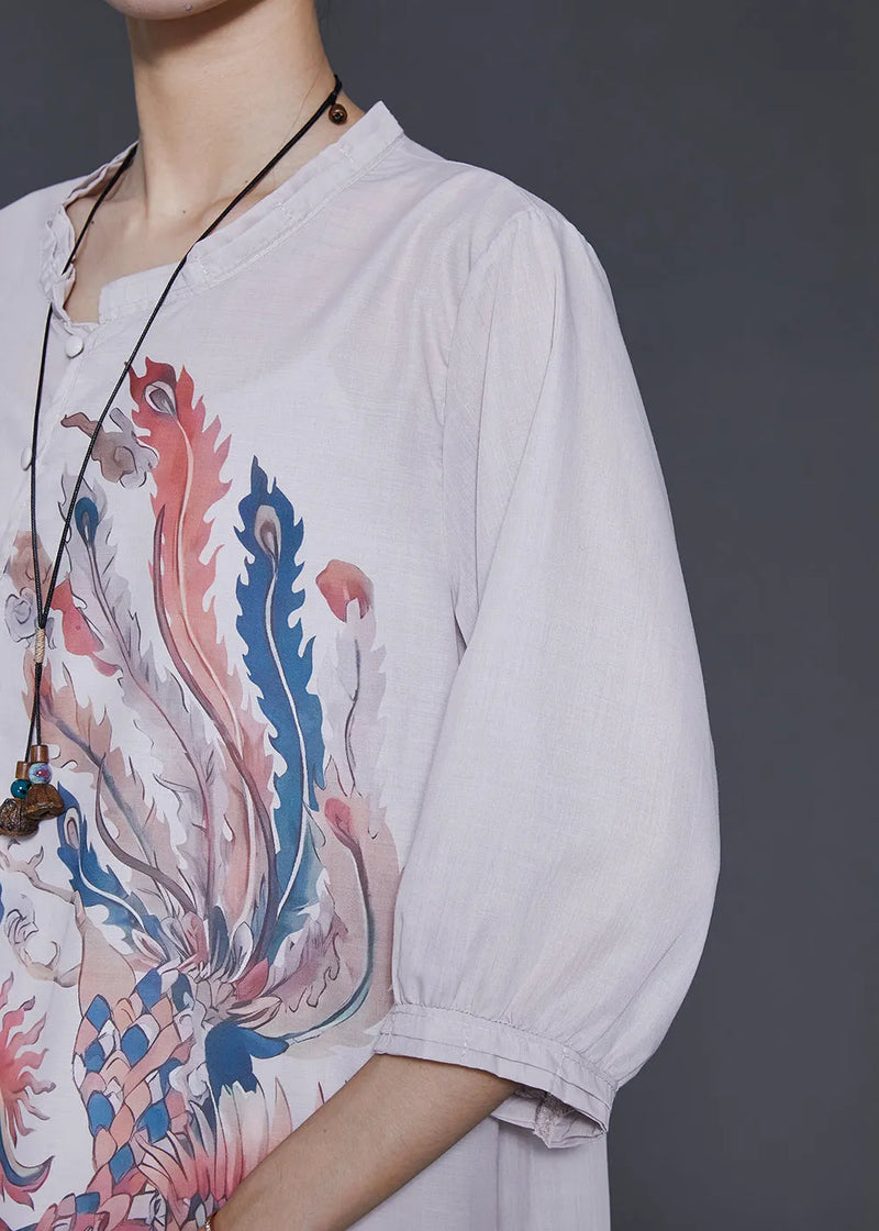 Art Beige Phoenix Print Linen Blouses Bracelet Sleeve